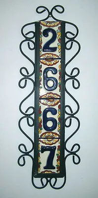 4 Mexican BLUE House Numbers Tiles With VERTICAL Iron Frame  • $47