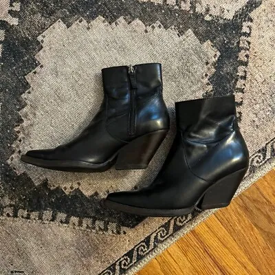 Black Leather Pointed Cowboy Ankle Boots By Zara Size 40 / US 9 Made In Spain • $60