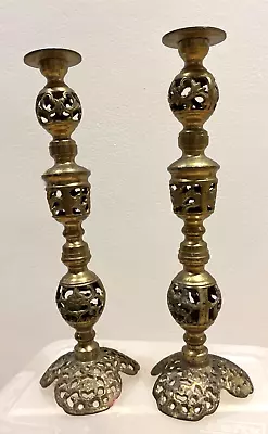 Vintage Pair Brass Candle Holders Altar Church Pierced Filigree 14  • $60.50