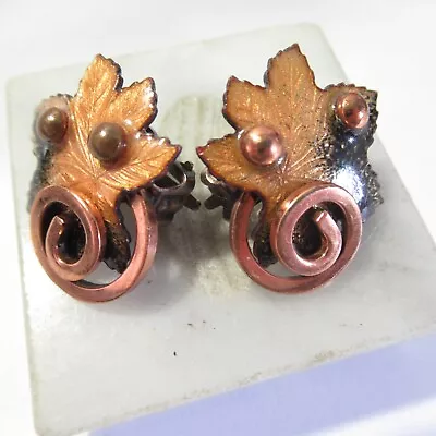 Matisse Signed Vintage Copper Enamel Leaf Earrings Clip-On • $39