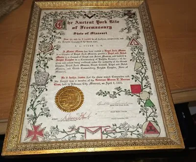 Framed Mason Ancient York Rite Freemasonry Missouri Royal Arch Certificate 1966 • $19.99