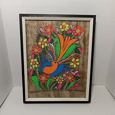 Vintage Mexican Amate Tree Bark Painting Framed Glass 15  X 12  Bird & Flowers • $32.65