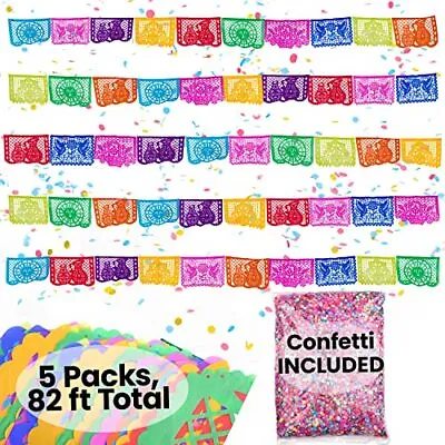 5 Pack Mexican Party Fiesta Decorations Papel Picado Flags Banner 82 Ft • $46.99