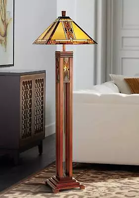 Mission Tiffany Style Floor Lamp 62 1/2  Tall Wood Column Nightlight For Bedroom • $549.99