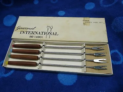 4 Piece Fondue Forks Set Vintage 10 Inch Stainless Steel Wood Handle • $10.99