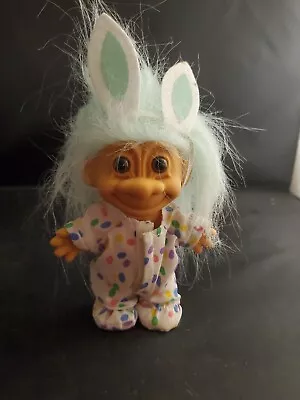 Vtg Russ Troll Doll 4.5” Easter Bunny Troll Aqua Blue Hiar Costume Bunny Ears  • $9.99