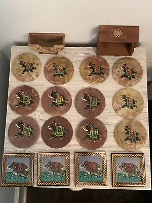 Hand Painted Elephant Carved Marble Lot With Holder Sand Art Coasters India Art • $19.99