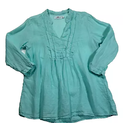 Vineyard Vines Womens Small Aqua Blue V-Neck Pleated Front 3/4 Sleeve Linen Top • $17