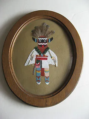 Kachina Handcrafted Needlepoint CrossStitch Oval Glass Oak Wood Frame • $79