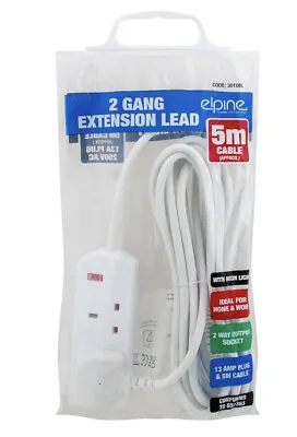 2 Way Gang 5m Extension Lead Power Uk Cable 13 Amp Socket Mains Wire Plug New • £9.89