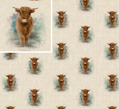 Cotton Rich Linen Look Fabric Standing Highland Cow Or Panel Upholstery • £4