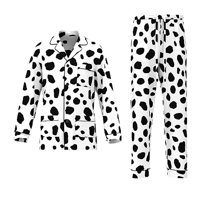 Mens Dalmatian Dog Print 100% Mulberry Silk Lapel Collar Long Sleeve Pajamas Set • $199