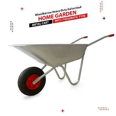 65L Wheelbarrow Heavy Duty Galvanised Home Garden Metal Cart With Pneumatic Tyre • £28.85