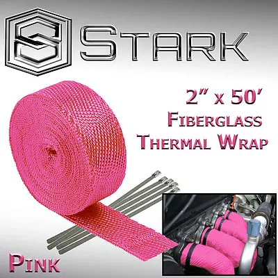 2  X 50FT Exhaust Header Fiberglass Heat Wrap Tape W/ 5 Steel Ties - Pink (M) • $42.89