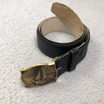 Vintage Brass Belt Buckle Sailboat Boat Sailing Yacht Brown Leather Belt 34 36 • $19.98