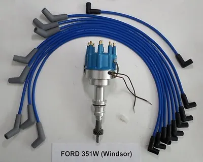 FORD 351W Windsor PRO-BILLET Distributor + BLUE Spark Plug Wires Use W/ MSD Box • $124.95