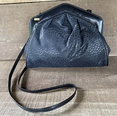 Vtg 60s PIERRE CARDIN Crossbody Purse Handbag-Black Ostrich Exotic Skin Leather • $80.20