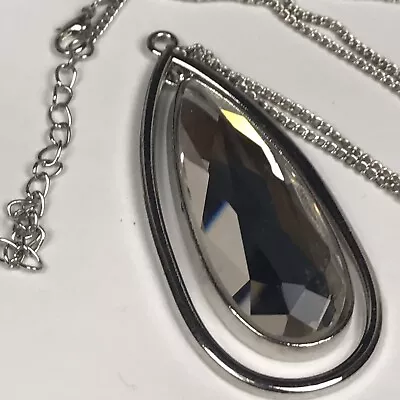 Pendant Necklace Faceted Mirrored Clear Glass Teardrop On Silvertone Chain 36” • $4.97