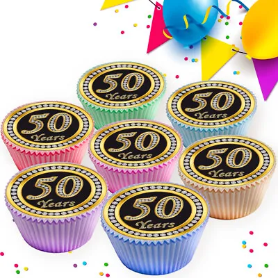 Gold 50th Birthday Anniversary Edible Cupcake Toppers Cake Decorations - 1174 • £4.99