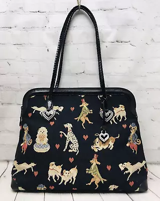 Brighton Vintage Black Tapestry Dog Motif Heart Shoulder Bag Tote Handbag Large • $159.99