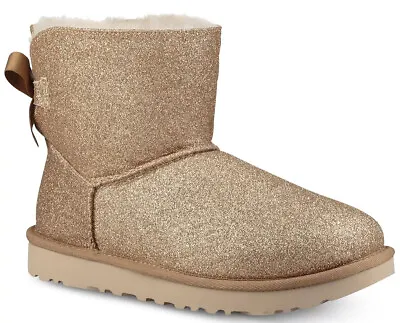 UGG Women's BAILEY Bow Mini Sparkle Boot Gold Glitter Booties US 5 UK 3 EU 36 • $99