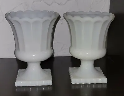 Vintage 6  Milk Glass Scalloped Ribbed Pedestal Urn Planter Vase Square Bottom  • $50