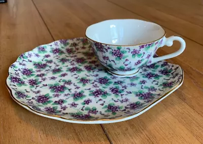 Vintage YADA CHINA Violet Purple Flower Chintz Japan Cup & Snack Plate Set • $14