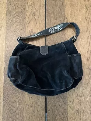 Tylie Malibu Black Suede Hobo Bag Blue Rhinestone Leather Shoulder Strap Y2K • $94