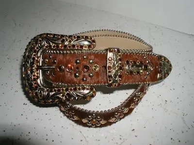 BB Simon XL Brown Leather Swarovski Crystal Studs Western Belt Silver Buckle • $94.95