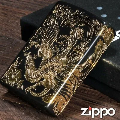 Zippo Phoenix Black Gold 2 Sides Consecutive Etching Beautiful Lighter Japan New • $186.47