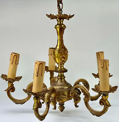 Vintage French 5 Arm Ornate Gold Colour Metal Electric Ceiling Light Chandelier • $79.57