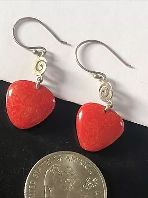 VTG Genuine Red Coral Solid Sterling Silver 925 Dangle Heart Earrings 1.5” 2.7 G • $10