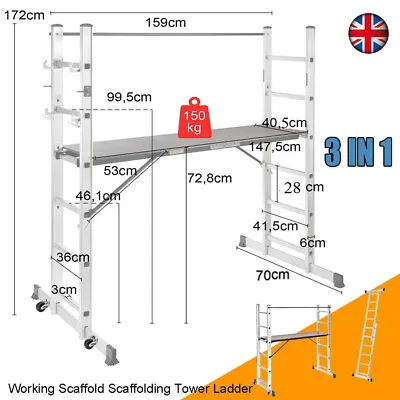 Heavy Duty Folding Working Scaffold Scaffolding Tower Platform Ladder Aluminium • £121.97