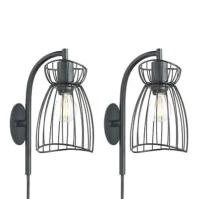 Set Of 2 Black Plug In Wall Lights Metal Cage Design Bedroom Living Wall Lamp • £24.99