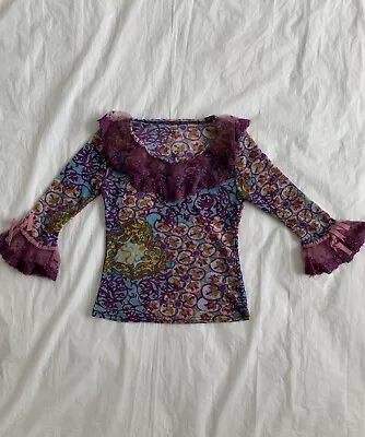 Vintage Purple Paisley Stretch Top With Lace Ruffled Cuffs And Collar Sz S • $16