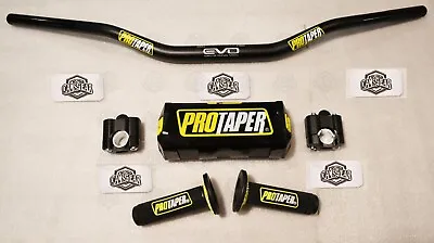 EVO ProTaper Handlebar Fat Bar DIRT BIKE 1-1/8  Full Set GRIPS Pads Black Yellow • $75