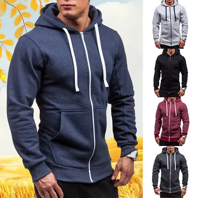 Mens Hoodie Sweater Zipper Jacket Slim Fit Casual Solid Color Tops Coat Jumper • $17.48