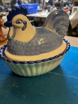 Vintage Pine Ridge Pottery Blue & White Ceramic Chicken Rooster Butter Dish 5x5 • $17.75