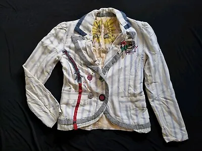 Desigual Womans Sz 36 Blazer Jacket Embellished Stripe Blue White Red Denim • $25