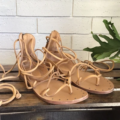 $31.99 • Buy Zara Tan Leather Wrap Gladiator Flat Sandal Hard Bottom Size 36 5.5