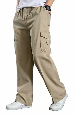 YGT Men's Full Elastic Waist Cargo Pants Lightweight Cotton Workwear Pants • $13.99