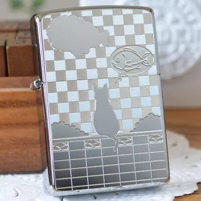 Zippo Oil Lighter Cat And Cloud Fish Silver Metal Plate Regular Case Japan • £79.08