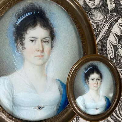 Antique French Portrait Miniature Napoleon's French Empire Period W Blue Tiara • $671.25