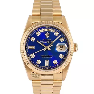 Rolex Day-Date 18k Gold 36mm President 18238 Blue Diamond Dial-Fluted Bezel-B&P • $18790