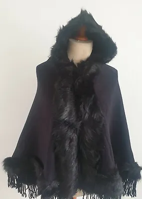 £0.99 • Buy Quality Ladies Womens Cape Faux Fur Trim Tassel Hood Coat - Black - Free Size