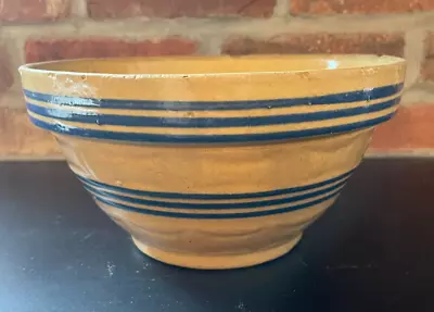 Vintage Crockery Mixing Bowl With Blue Stripes 8  • $15