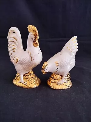 Rooster Hen Chicken Salt And Pepper Shakers Set White And Gold Ceramic Vintage • $15