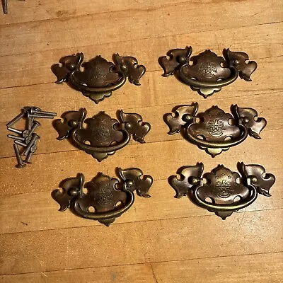 6 VTG. Brass Eagle Dresser Drawer Pulls 2.5” Inch Holes 3 Star 4” L With Screws • $34.25