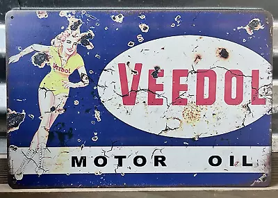 Veedol Motor Oil Sign Tin 8 X12  Distressed Look Skater Girl • $9.97