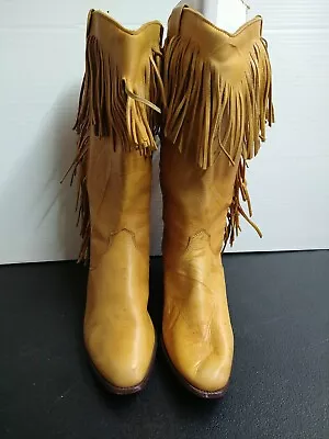 Women's Sz 6.5 M Oak Tree Farms Tan Brown Fringed Leather Boots Western Cowgirl • $29.99